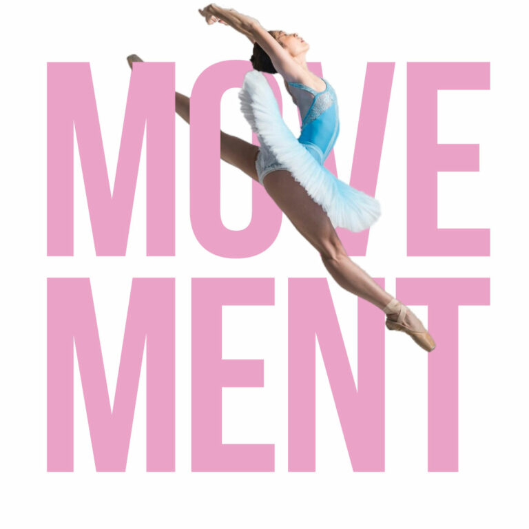 Ballerina jumping through the word "Movement"