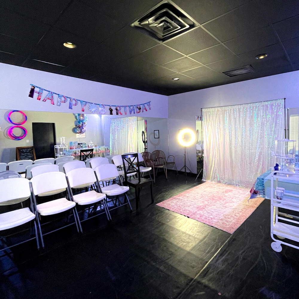 Party room prepped for birthday event at The Movement studio.