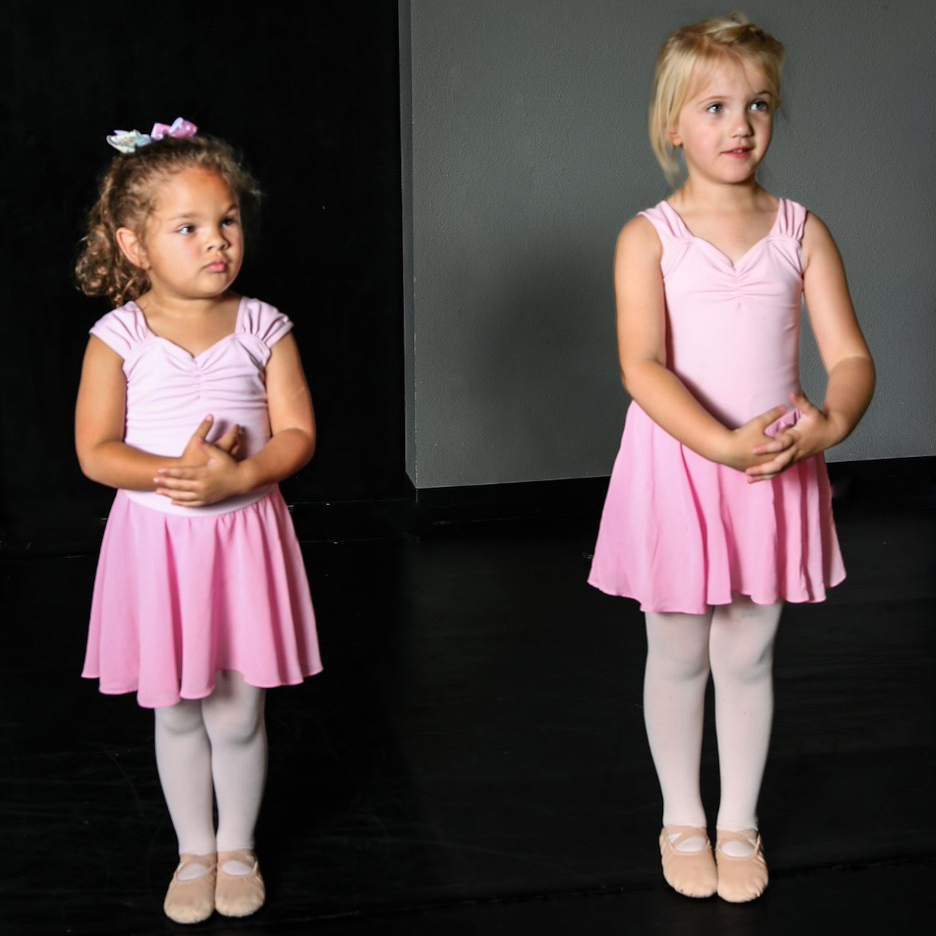 Two young dancers in pink tutus begin their mastery of ballet techniques.